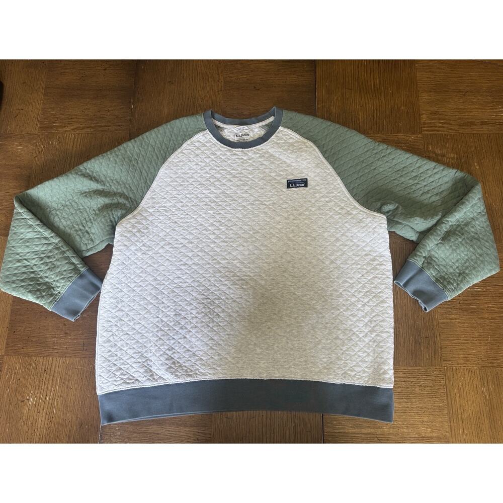 LL Bean Quilted Crewneck Sweatshirt Gray Green Mens Size Extra Large Blue